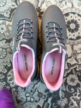 Skechers Wide Fit Gray Slip-On Sneakers with Pink Lining